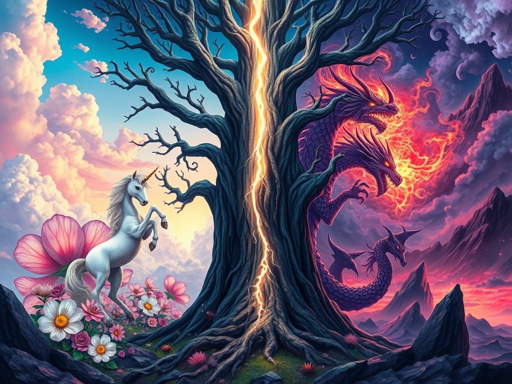 Unicorn and Dragon in Fractal Landscape