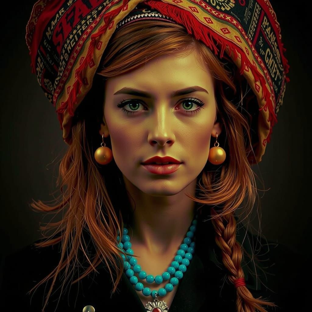 Black and White Portrait of Woman with Crimson Streak