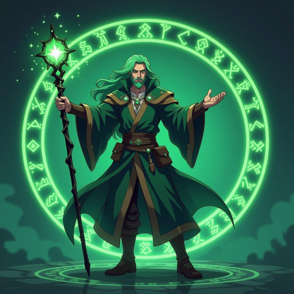 Green-Haired Wizard with Wand in Anime Style