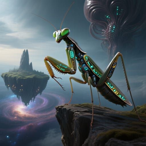 Majestic Cybernetic Mantis on Floating Island
