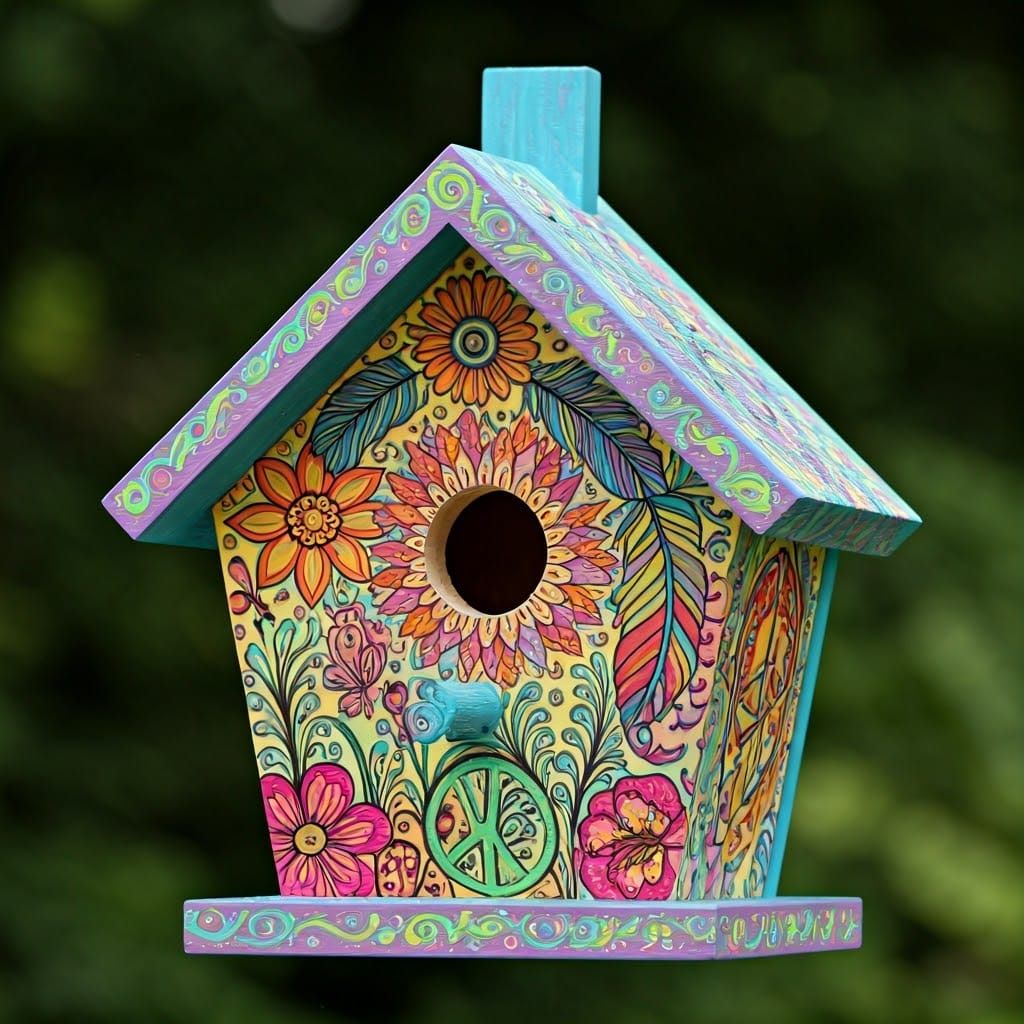 Eclectic Birdhouse with Psychedelic Folk Art Details