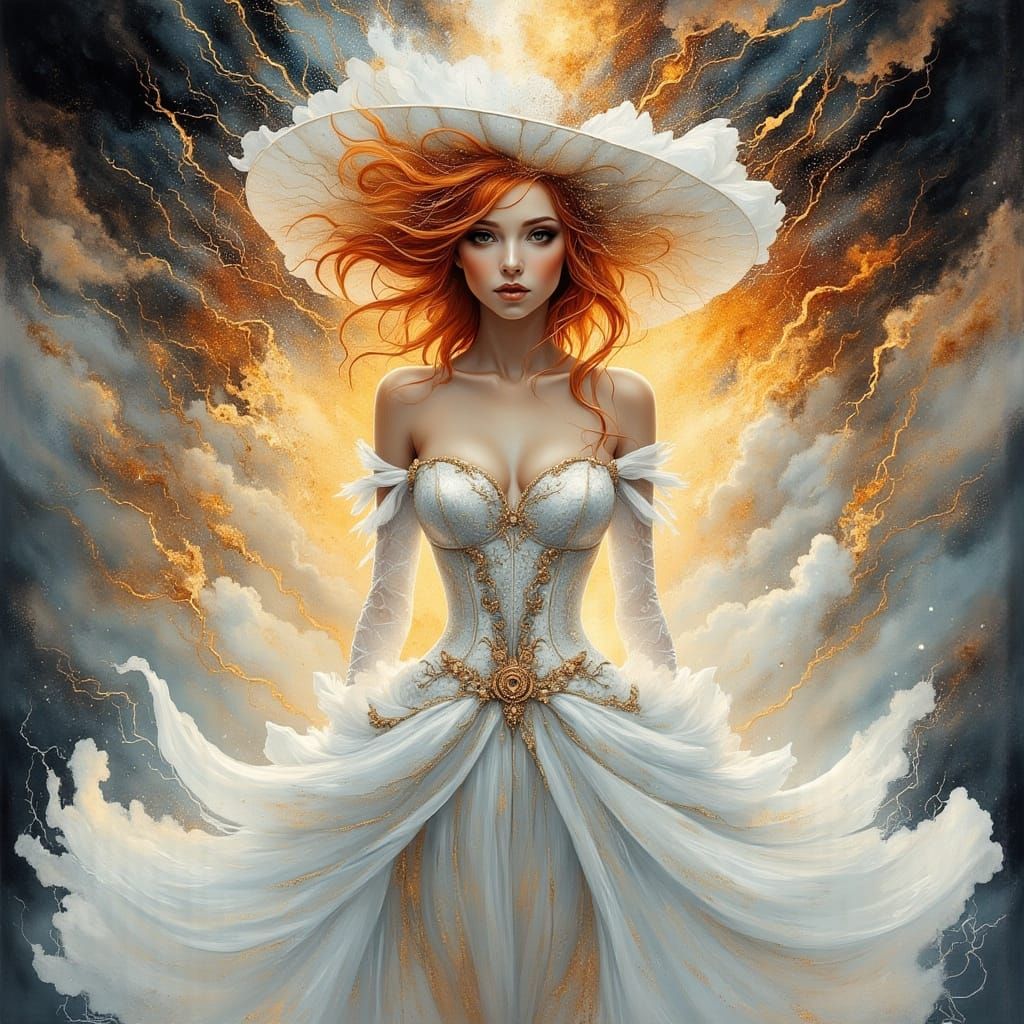 Elegant Lady in White with Flaming Red Hair