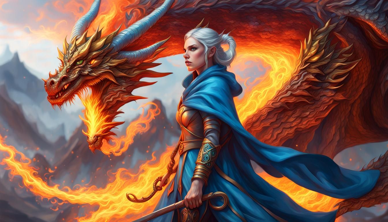 Elemental Mage with Dragon in Hyperrealistic Detail