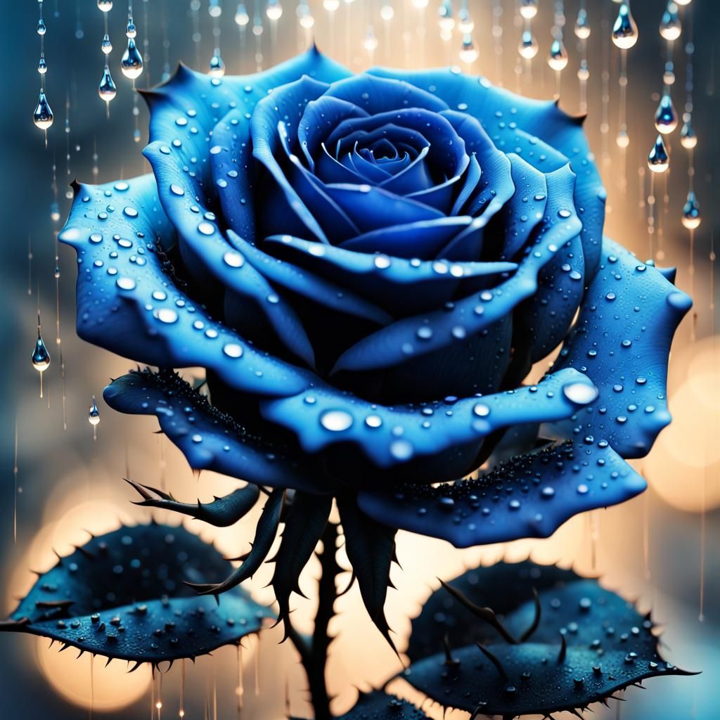 Photorealistic Blue Rose with Black Thorns in HDR