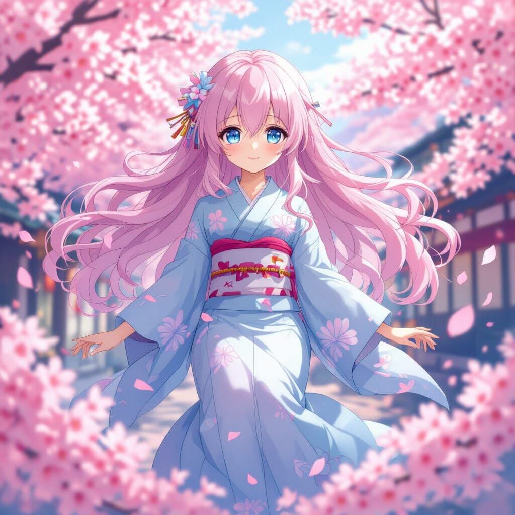 Anime Girl in Harajuku Scene with Cherry Blossoms