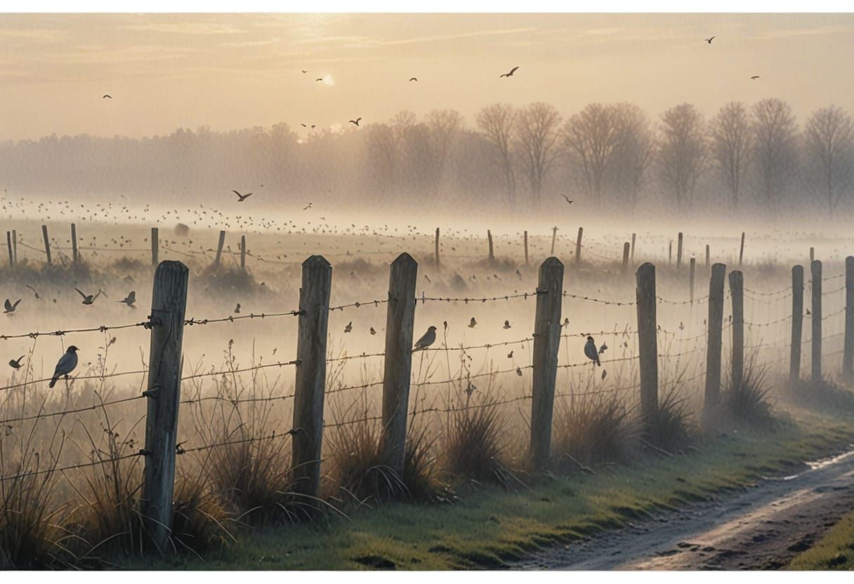Misty Morning Scene with Birds on Fence Posts