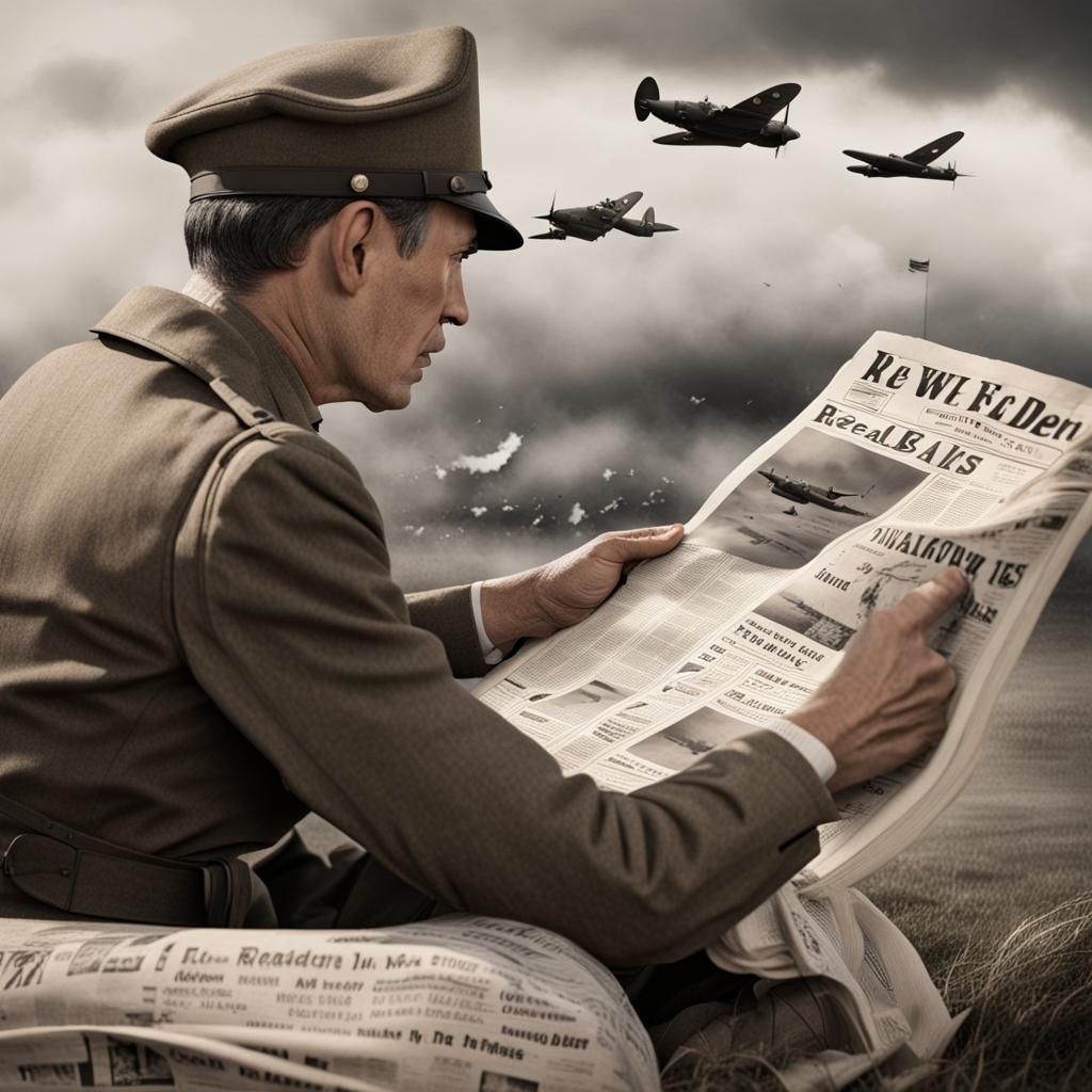Newspaper Reader Engrossed in WWII Air Battle