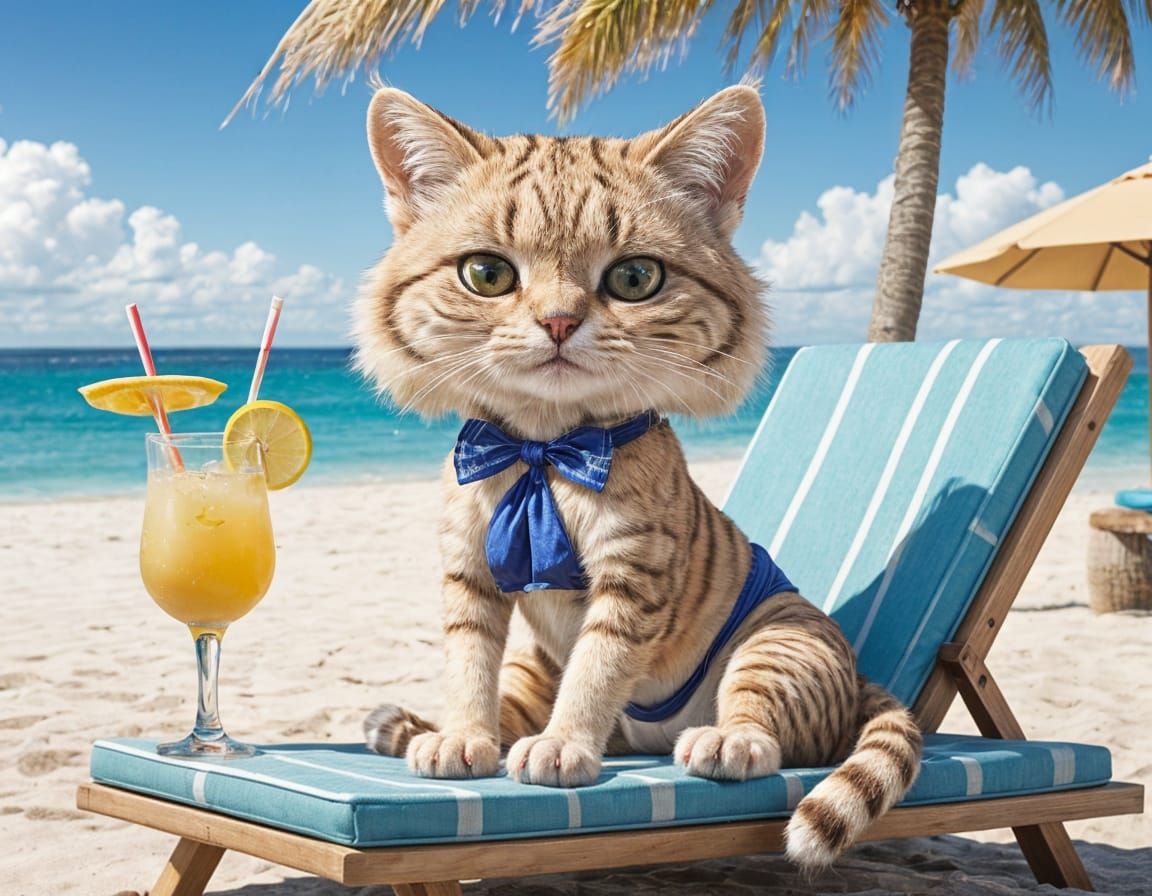 Anthropomorphic Sand Cat on Beach in Cartoon Style