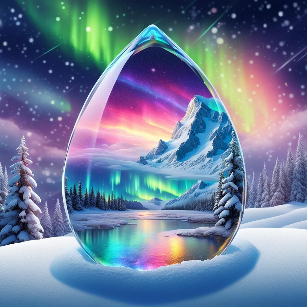 Aurora Borealis Inside Raindrop: Winter Landscape