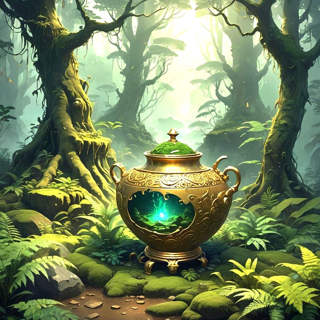 Ancient Golden Pot in Forest Landscape