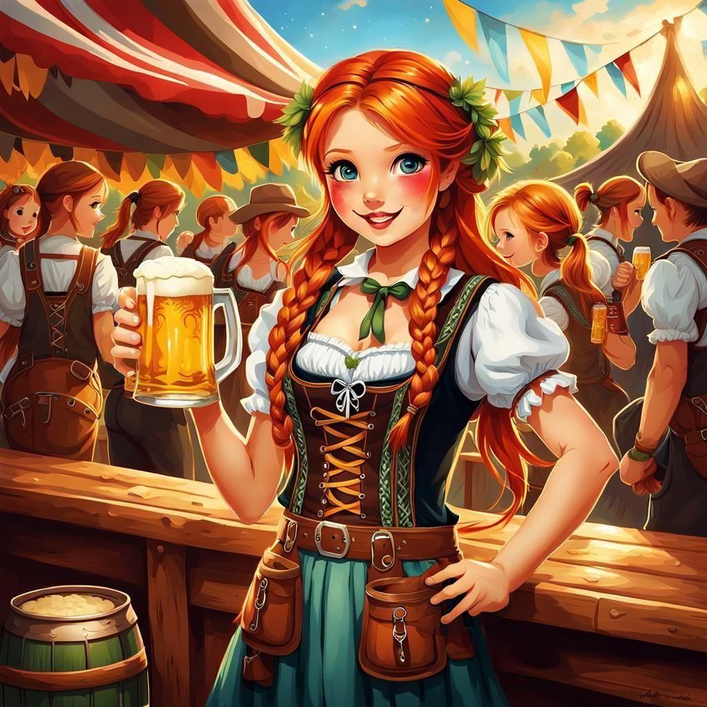 Chibi Redhead Girl Serves Beer at Oktoberfest