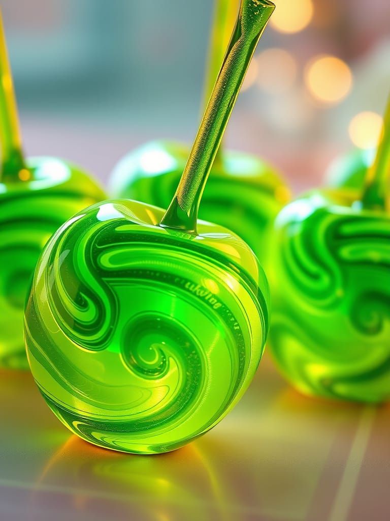 Glowing Green Candy Apples in 3D Anime Style