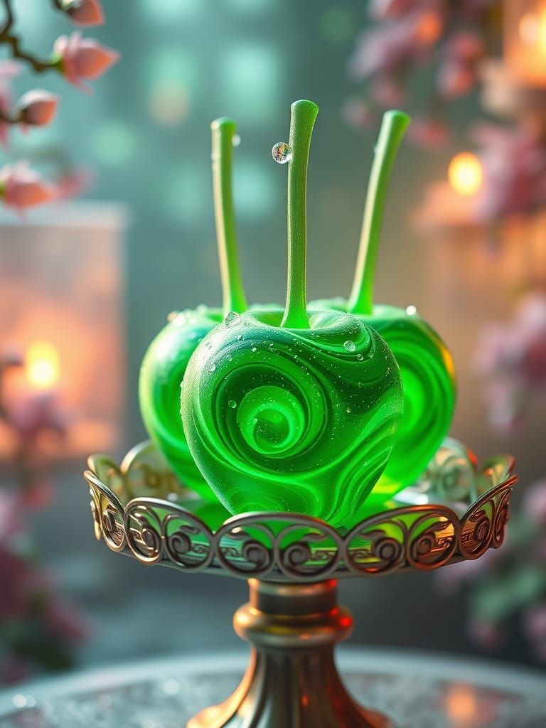 Whimsical Emerald Swirled Candy Apples in Anime Art Style