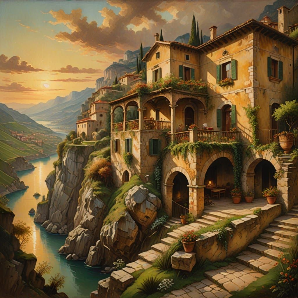 Venetian House in Renaissance Oil Painting Style