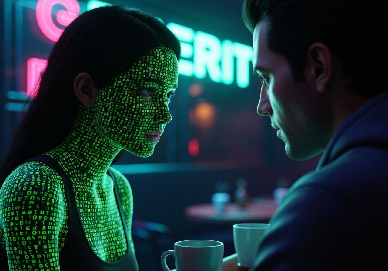 Cyberpunk Couple in Surreal Neon Cafe