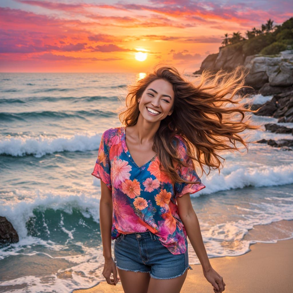 Joyful Woman at Sunset Over Ocean in Expressive Style
