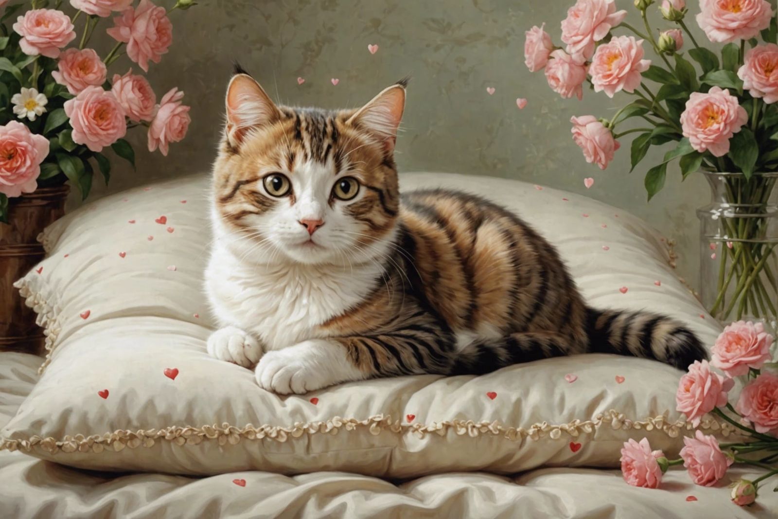 Victorian-Style Cat Portrait with Flowers and Hearts