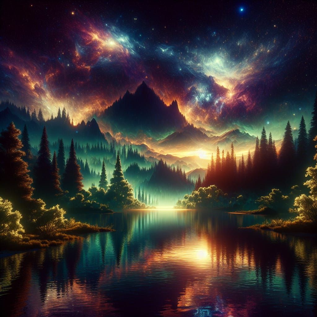 Enigmatic Lake at Night: A Hyperrealistic Fantasy Landscape