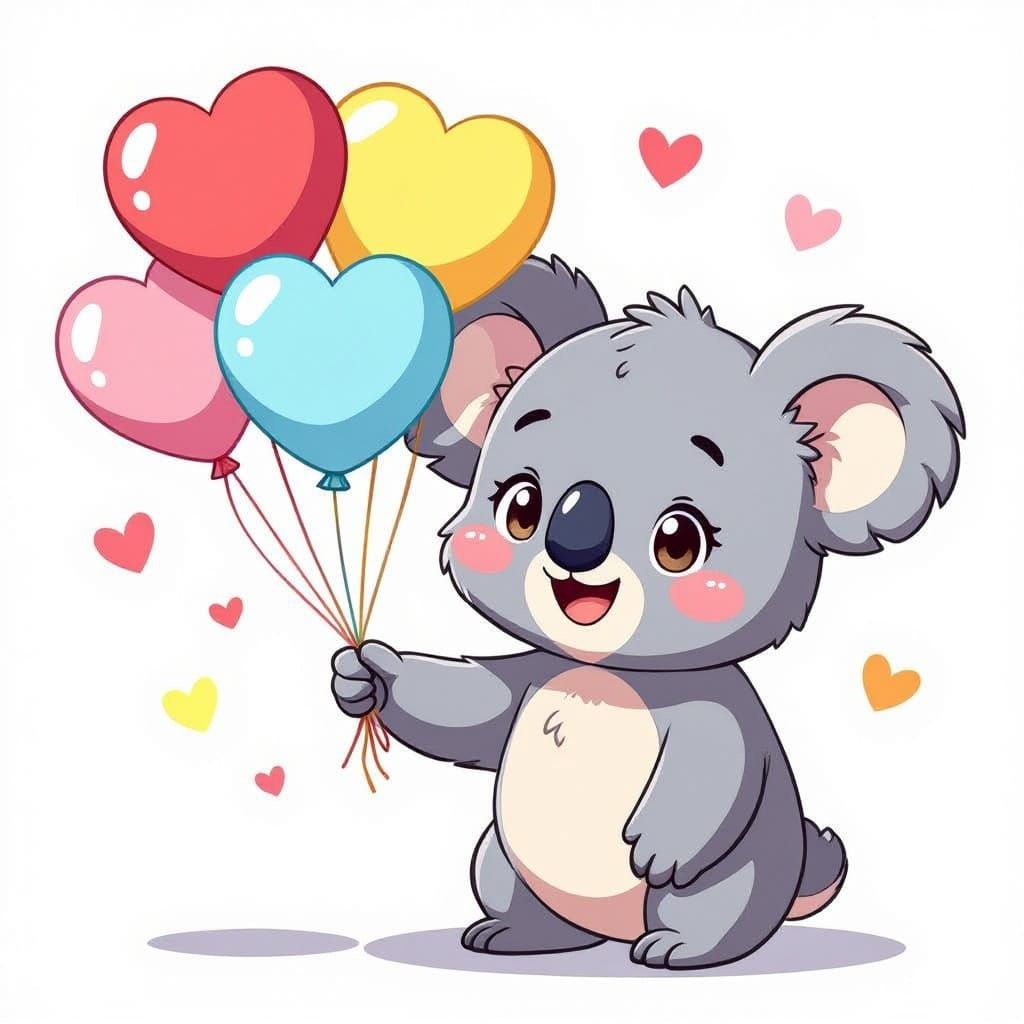 Anime Koala Character with Heart Balloons