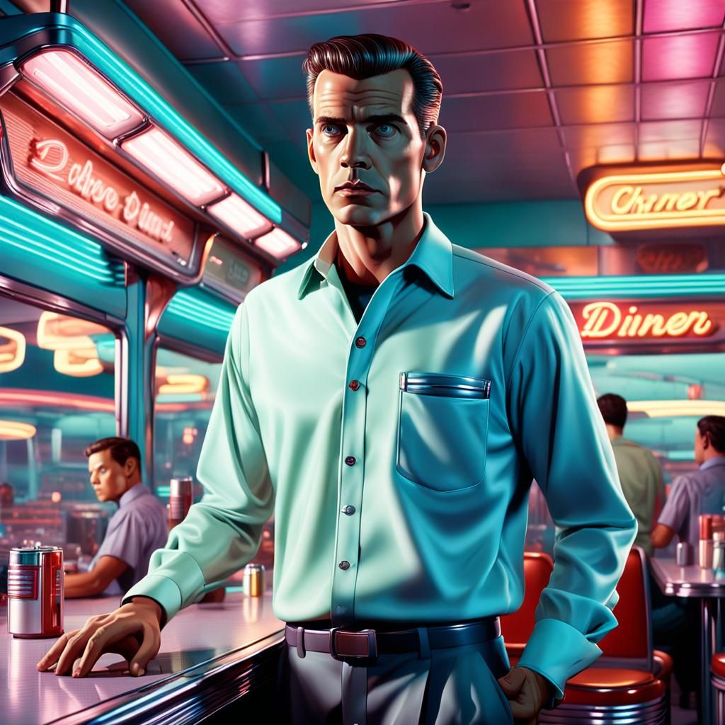 Man in Retro Diner: Hyper-Realistic Fantasy Art