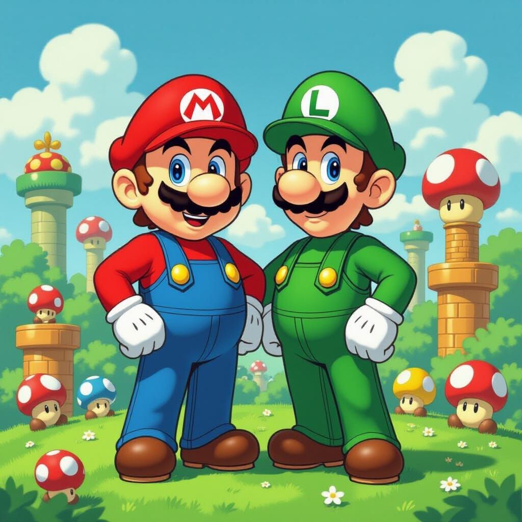 Mario and Luigi in Mushroom Kingdom, Whimsical Style