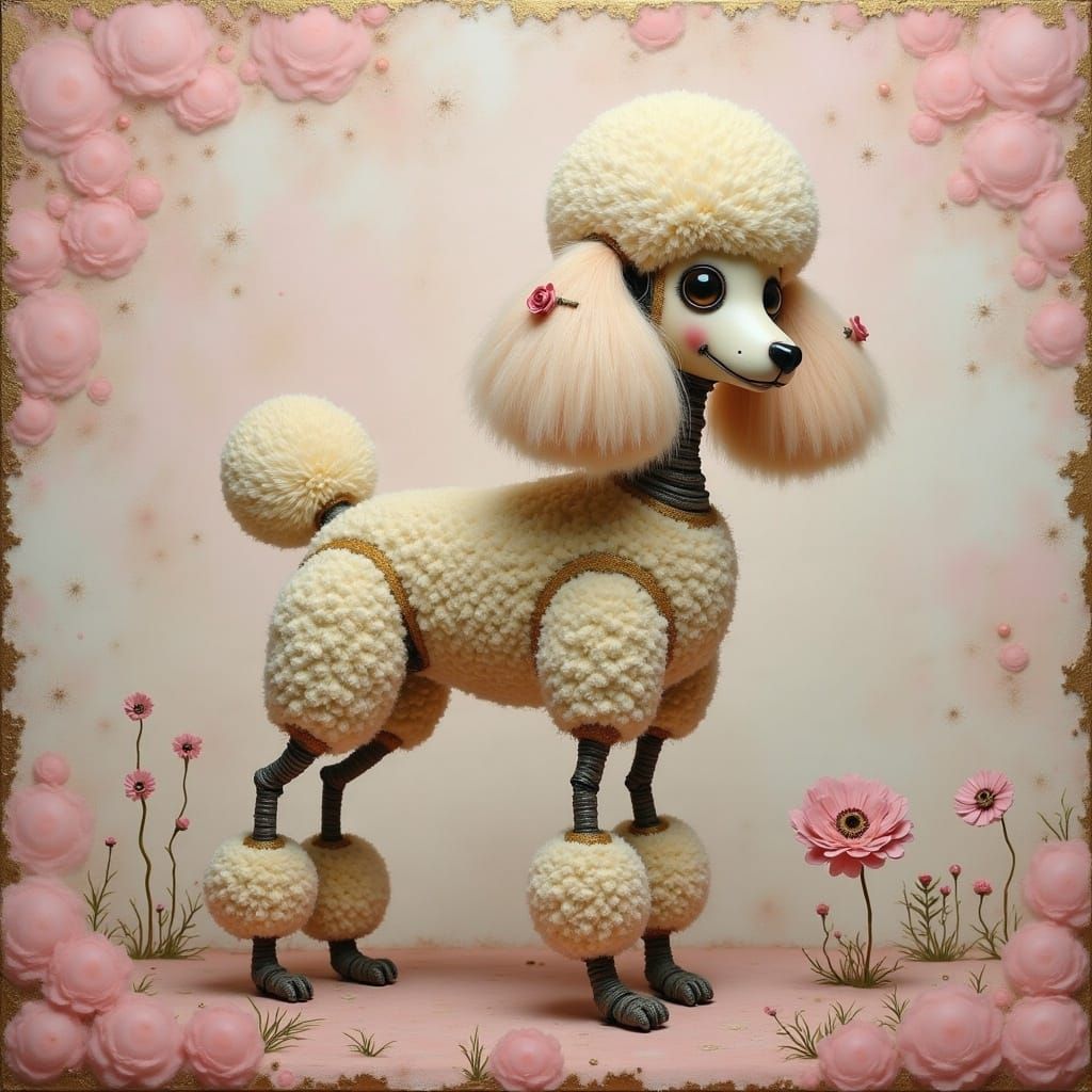 Whimsical Oil Painting of a Robot Poodle in Folk-Art Style