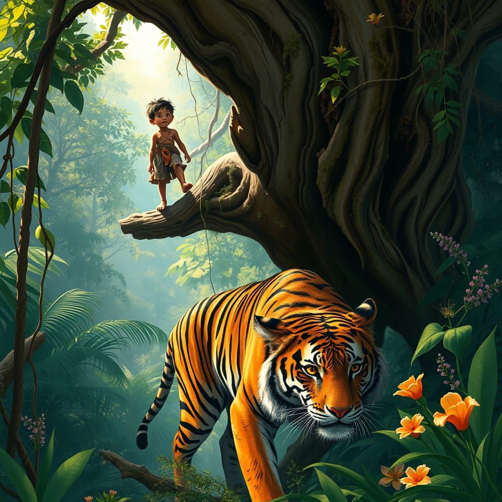 Young Boy Watches a Majestic Bengal Tiger in a Tropical Jung...