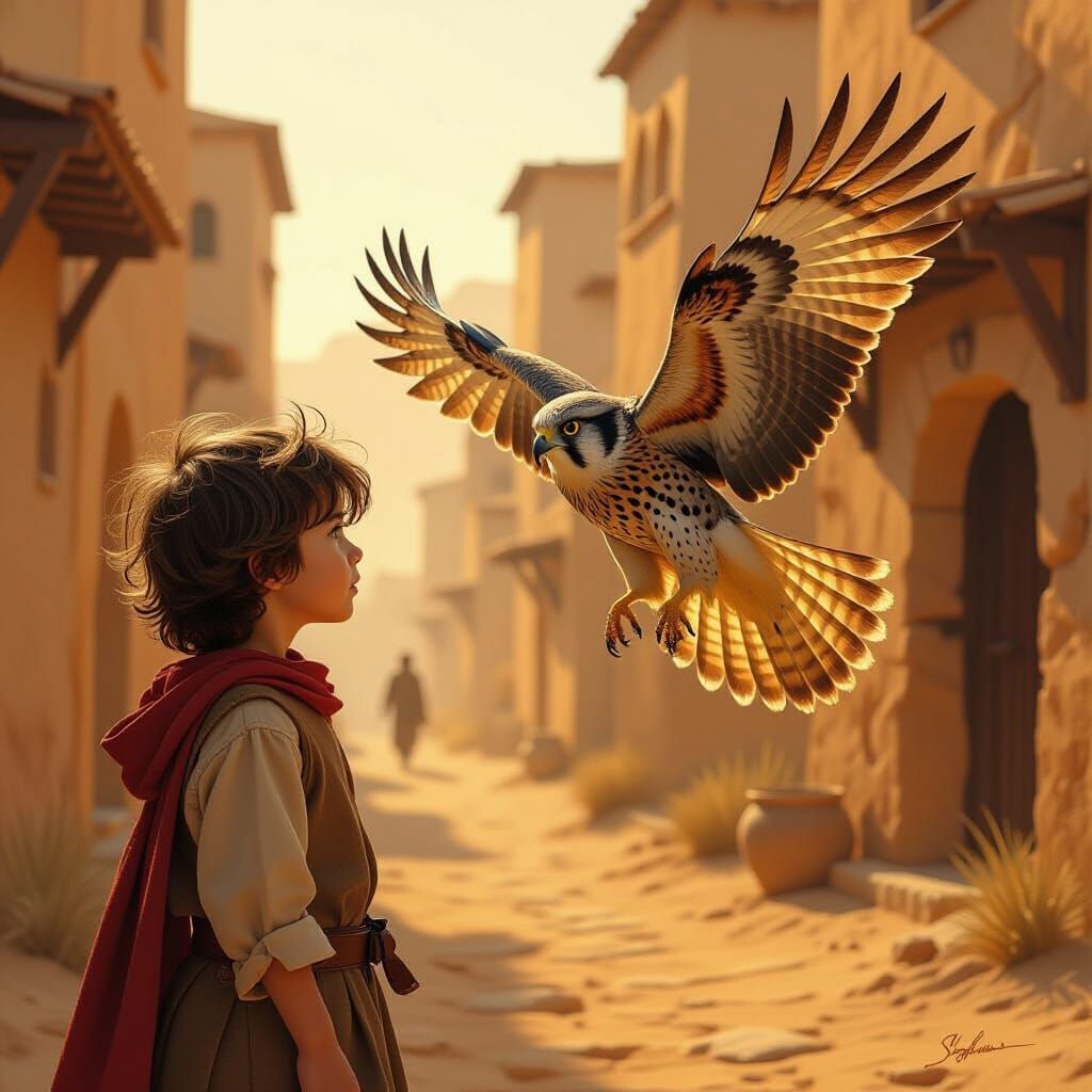 Boy and Kestrel Encounter in Medieval Desert