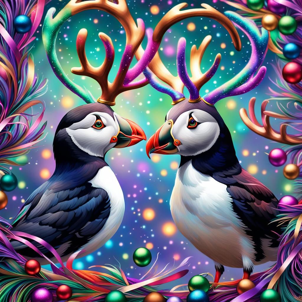 Psychedelic Christmas Puffin with Antlers and Tinsel