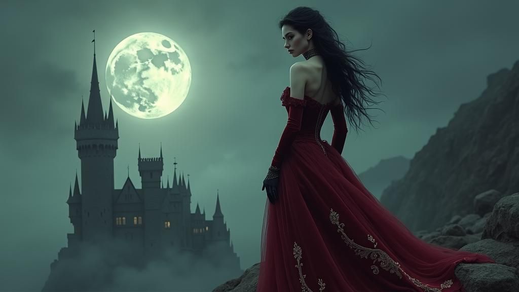 Vampiress on Castle Tower in Ethereal Style
