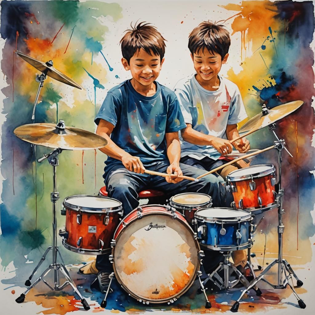 Joyful Boy Drumming: Oil and Watercolor Painting