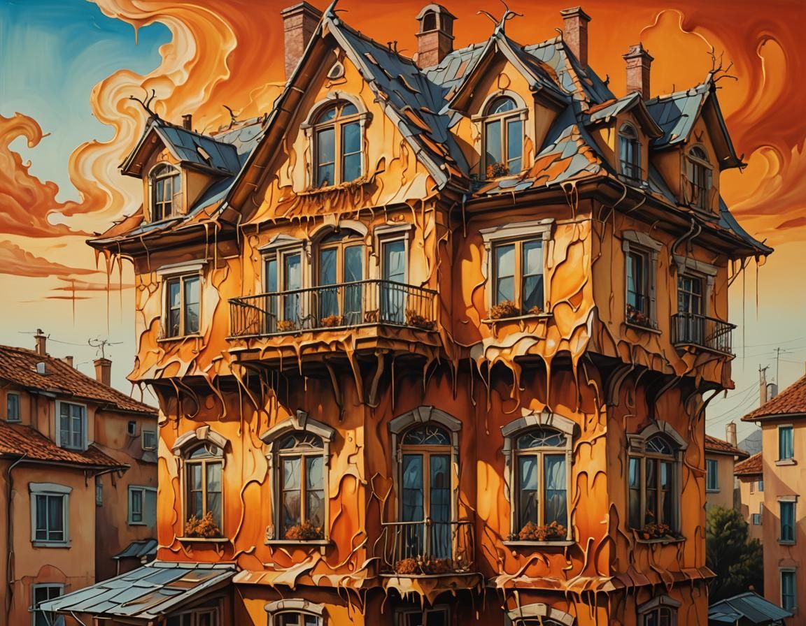 Melting McMansion: A Surreal Oil Painting in 8K
