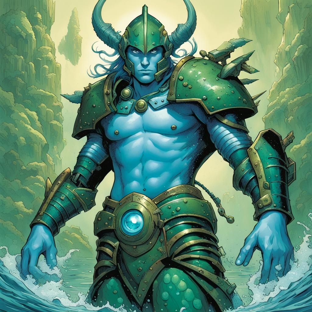 Armored Merfolk with Mechanical Eye in Comic Book Style