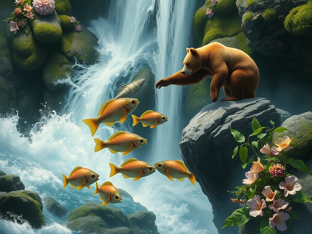 Fantasy Waterfall Scene with Bear and Fish
