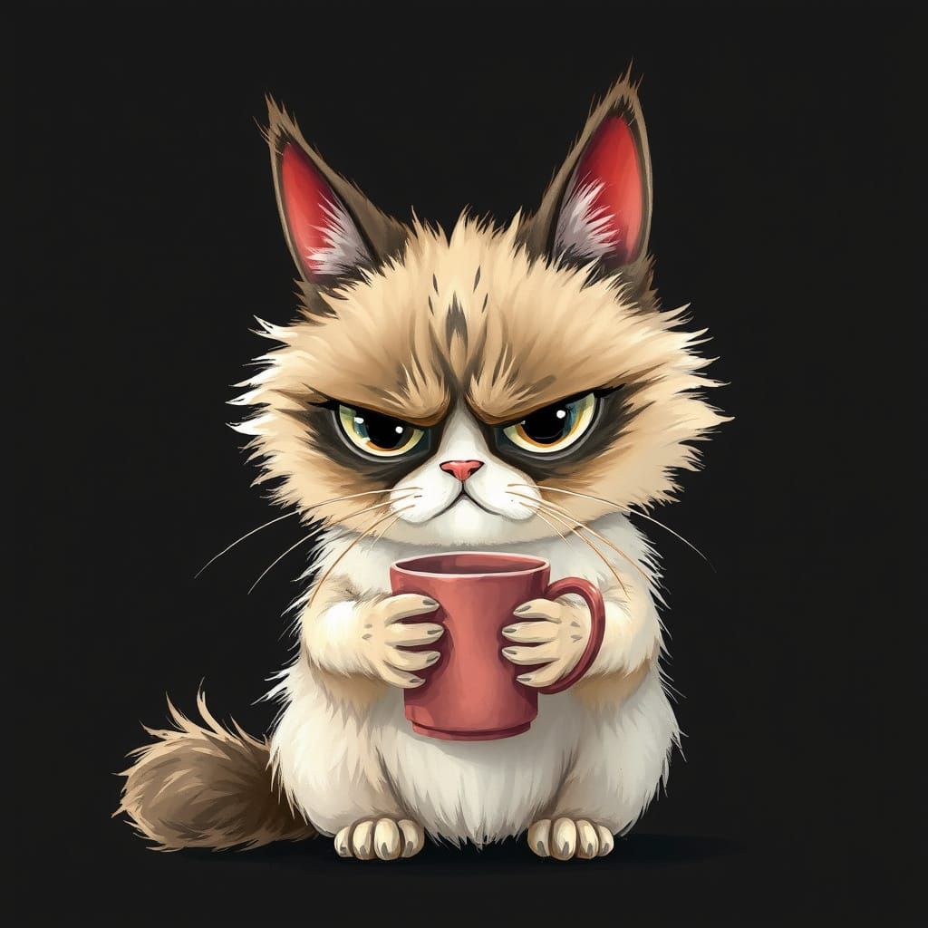 Whimsical Feline Coffee Connoisseur in Elegant Brushstrokes