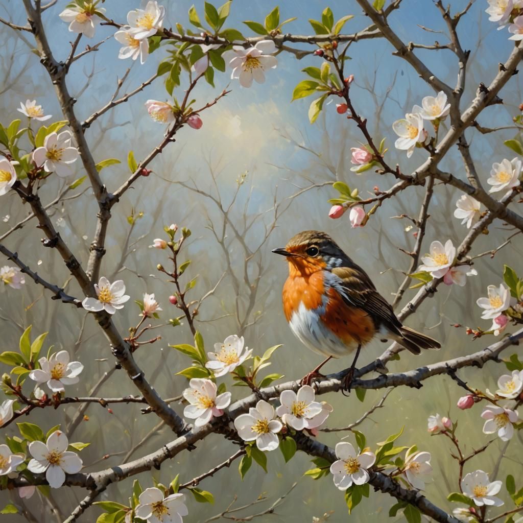 Robin in Blossoming Apple Tree, Oil Painting
