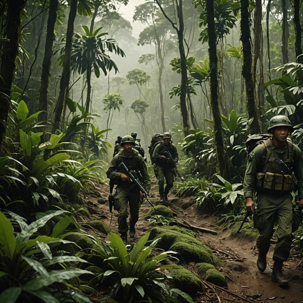 Soldiers Trek Through Colombian Jungle: Cinematic Still