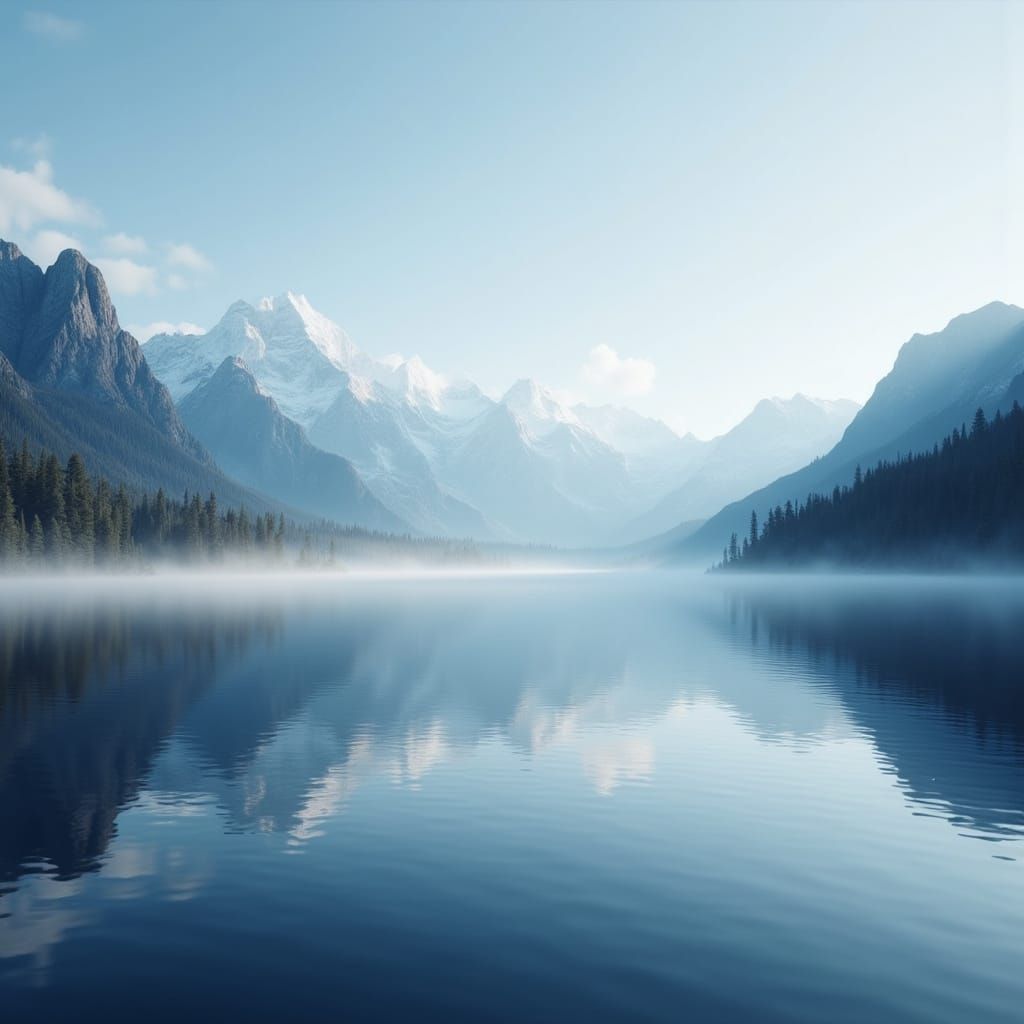 Tranquil Lake Reflection in Morning Fog
