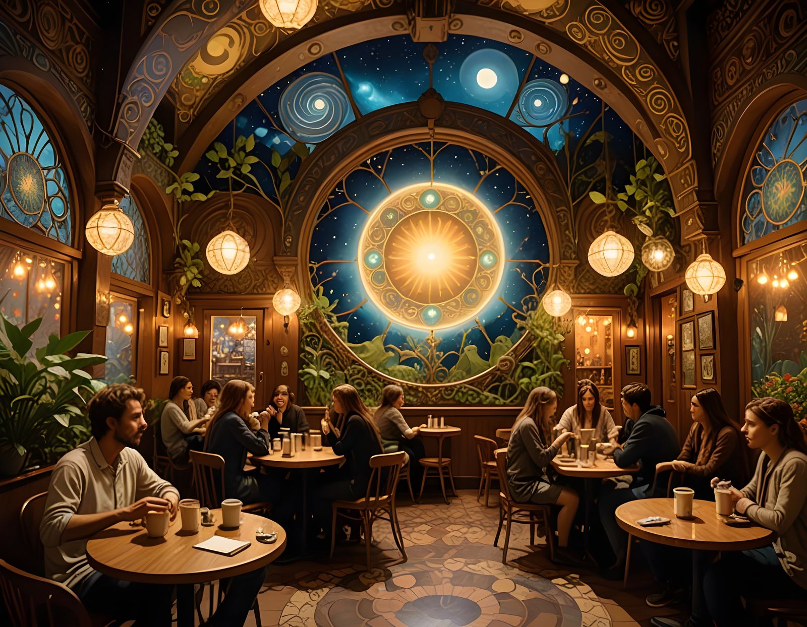 Mystical Coffee House with Chic Patrons and Celestial Elemen...