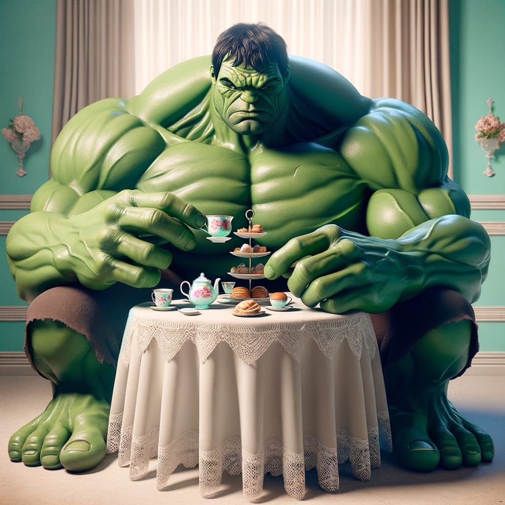 Hulk at a Miniature Tea Party