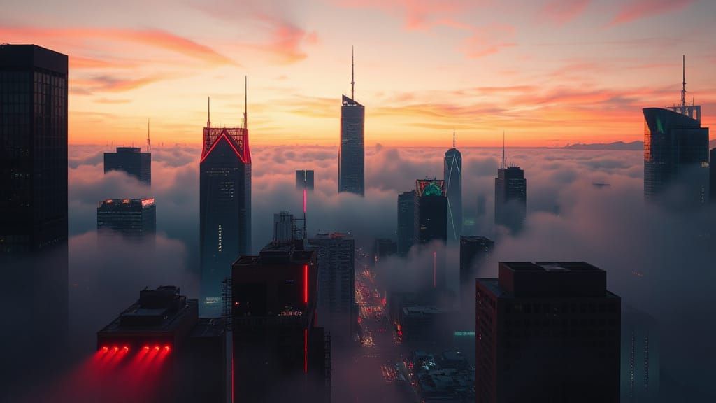 Cyberpunk Cityscape with Neon Lights and Fog