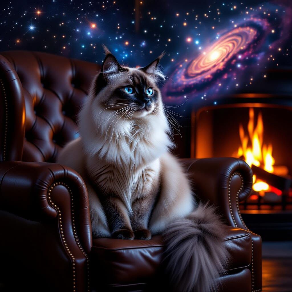 Regal Siamese Cat by Fireplace with Cosmic Nebula
