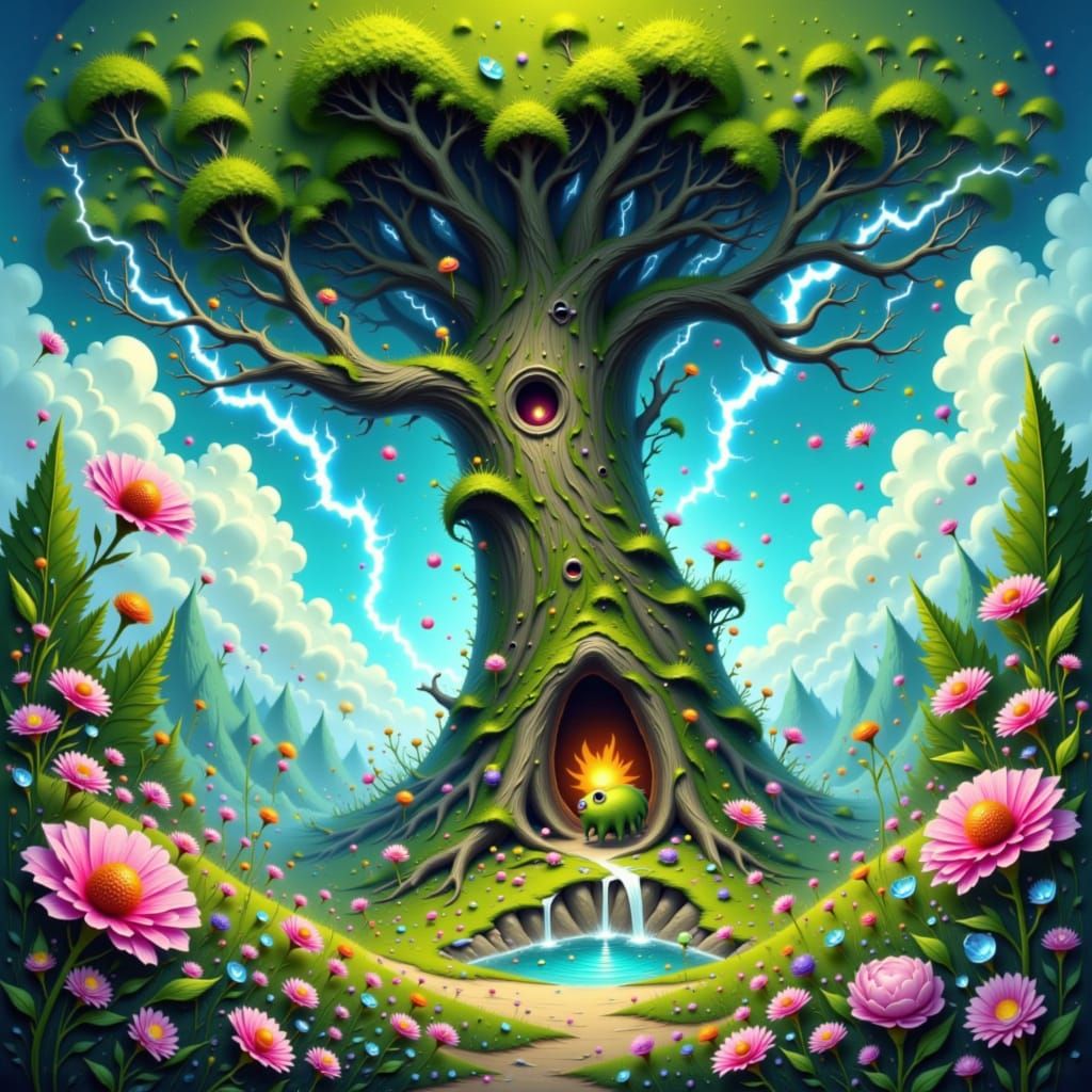 Moss Critter and Lightning Tree in Dreamy Pastel Art