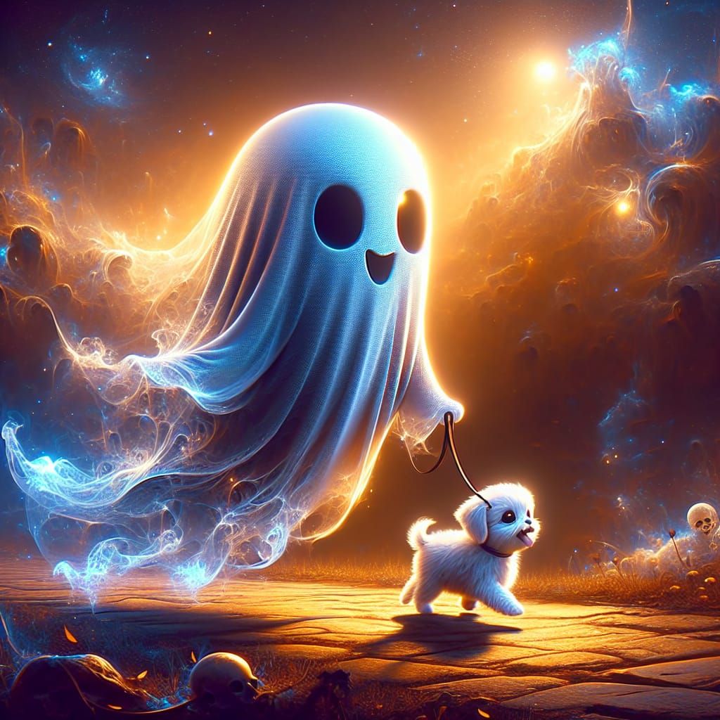 Cute ghost go for walk with his adorable cute puppy