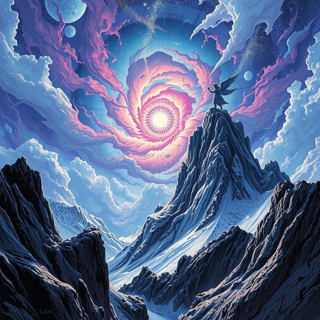 Drow Valkyrie on Mountain Peak Under Twisted Sky