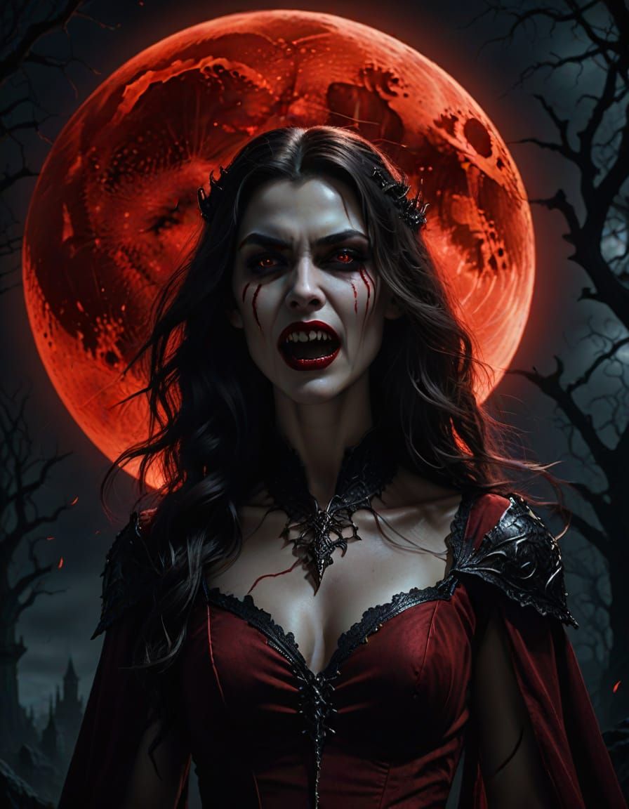 Eternal Vampire Seductress Illuminated by a Blood Red Moon