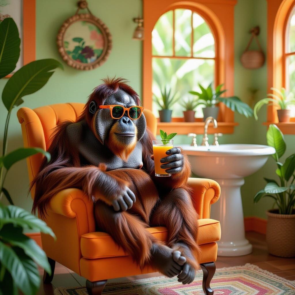 Orangutan Sipping Juice in Whimsical Interior