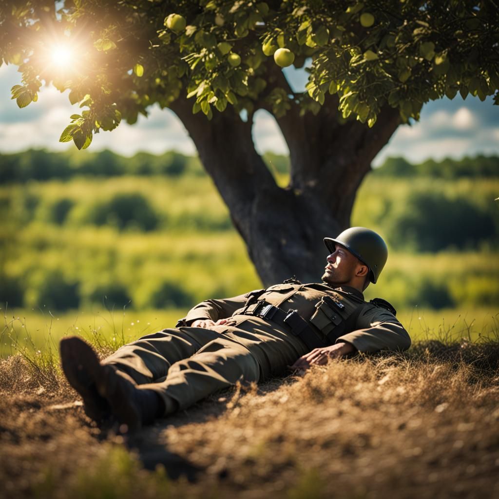 Soldier Resting Under Apple Tree in Sunlight