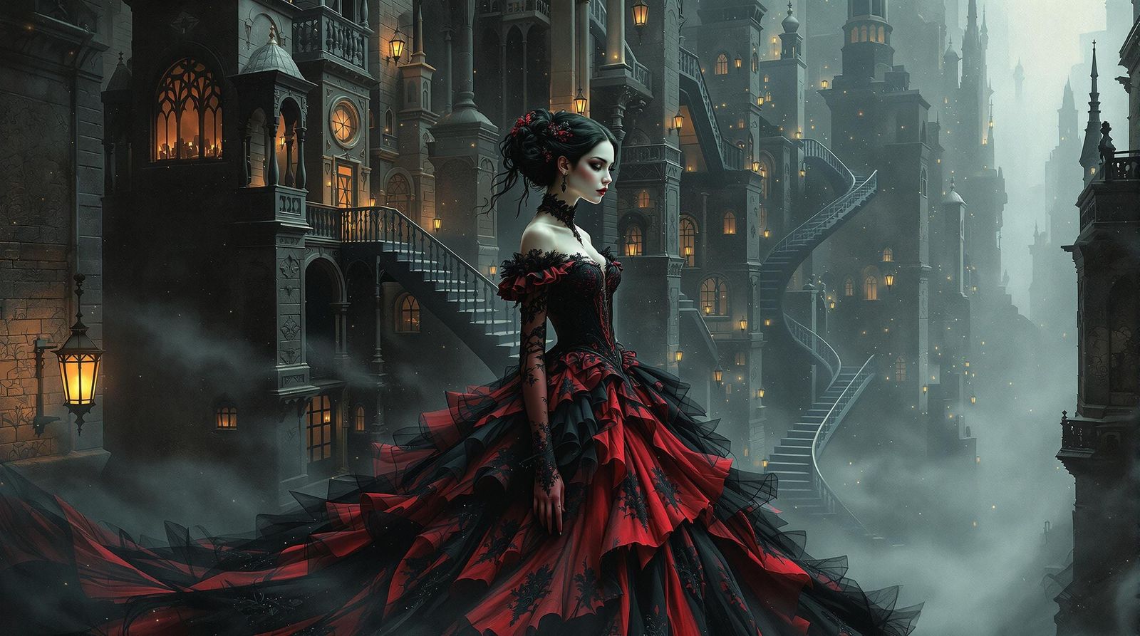 Mysterious Victorian Woman in Escher-Inspired Cityscape