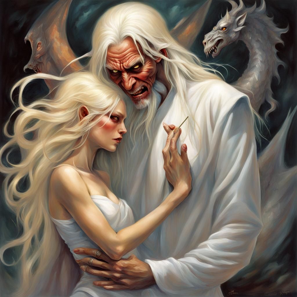 Sensual Female Demons with Happy Old Man